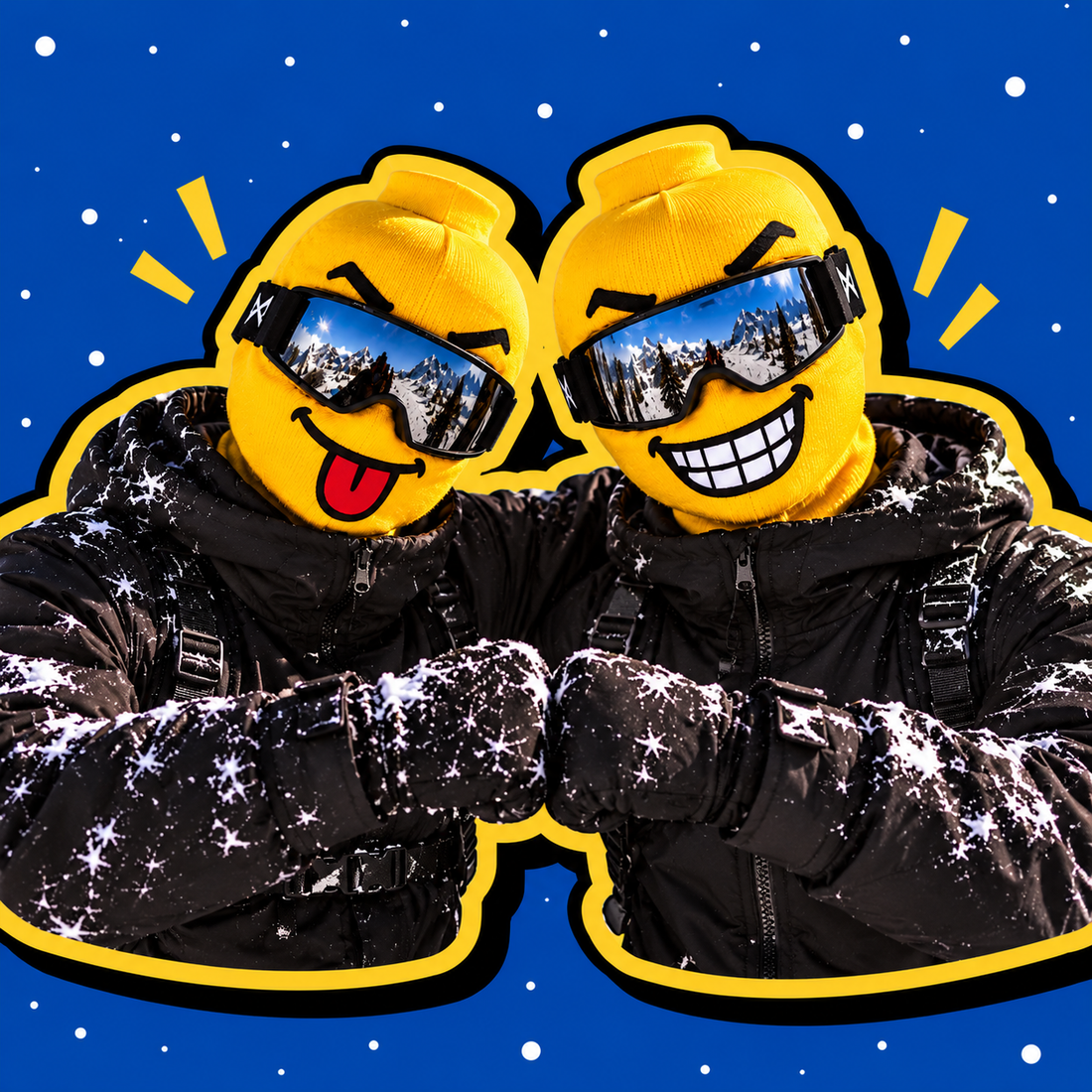 Duo de potes : deux cagoules YETIZ, Le Blagueur et Le Ricaneur, check du poing